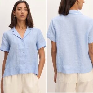 QUINCE EUROPEAN LINEN BOXY BUTTON UP BLUE SHORT SLEEVE SHIRT SIZE SMALL